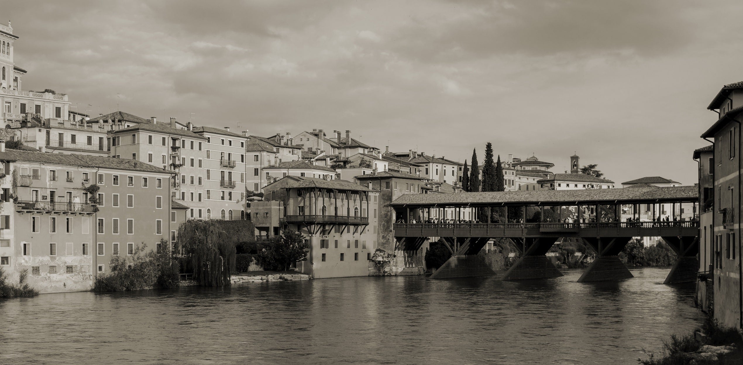 Bassano city historical photo with Alpini bridge
