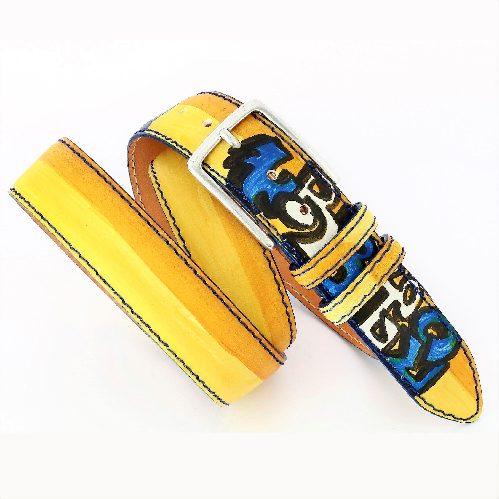 hand painted belt with a graffiti style blue and white  writing on a yellow background