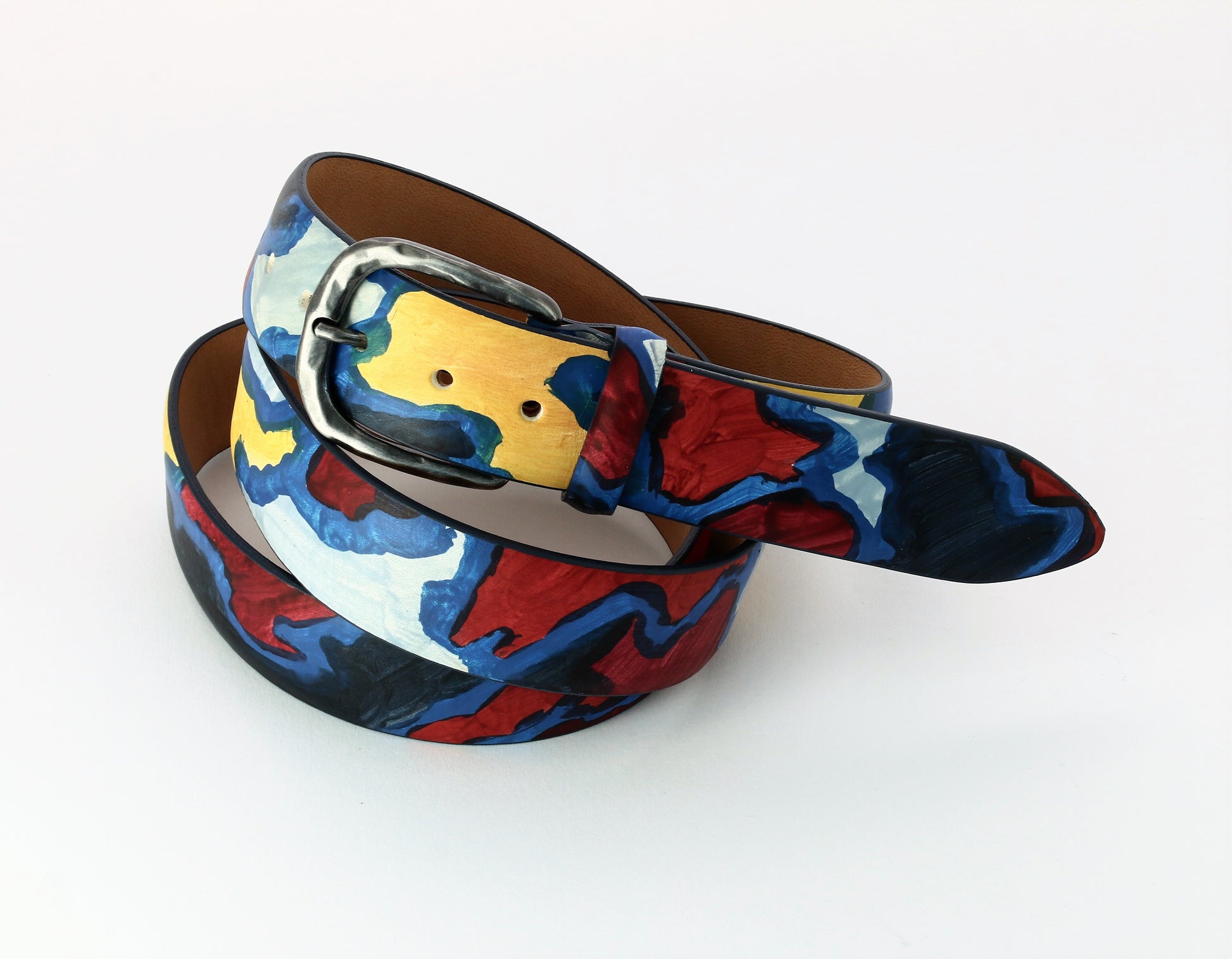 colorful camo hand painted belt with blue yellow red and balck on it