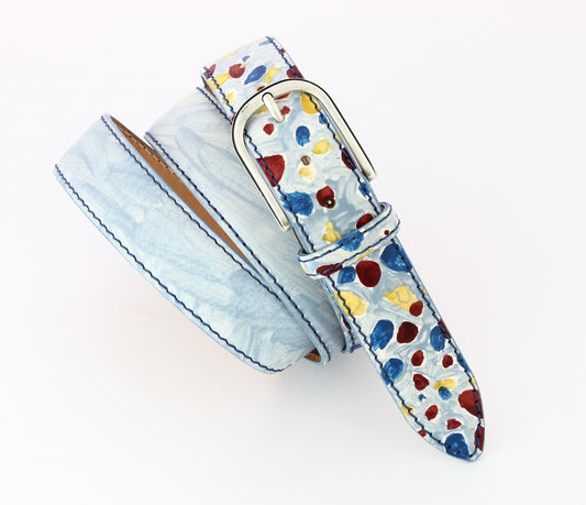 belt with blue  yellow  and red dots on a light blue background