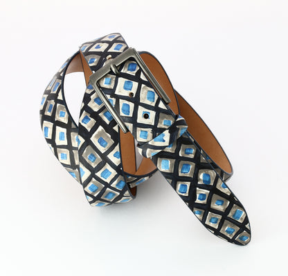 checked pattern painted belt in blue black and grey