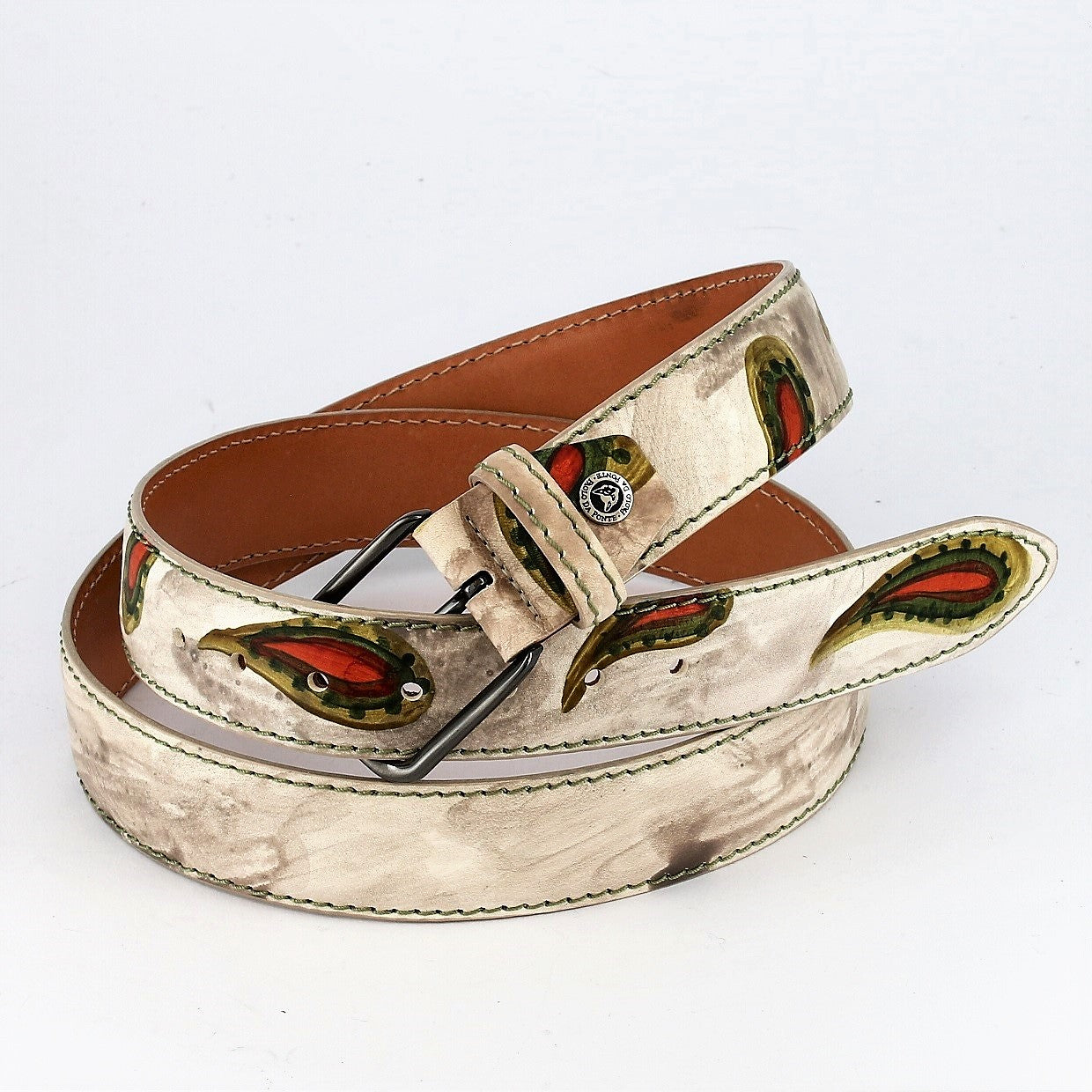 belt with a paisley pattern, green and red leafs on white background
